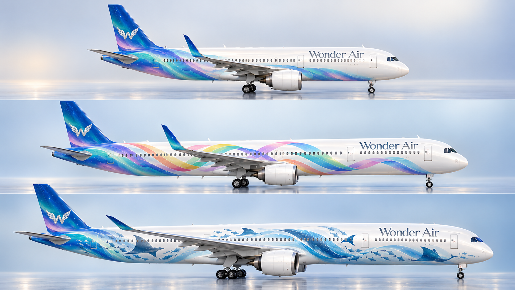 Three Wonder Air aircraft: signature livery, rainbow LGBT+ tribute and ocean tribute