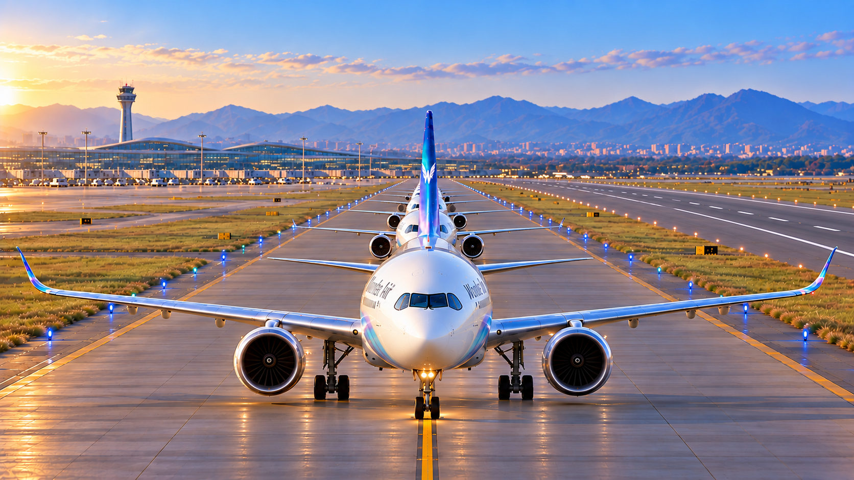 Front view of the Wonder Air fleet lined up on a taxiway